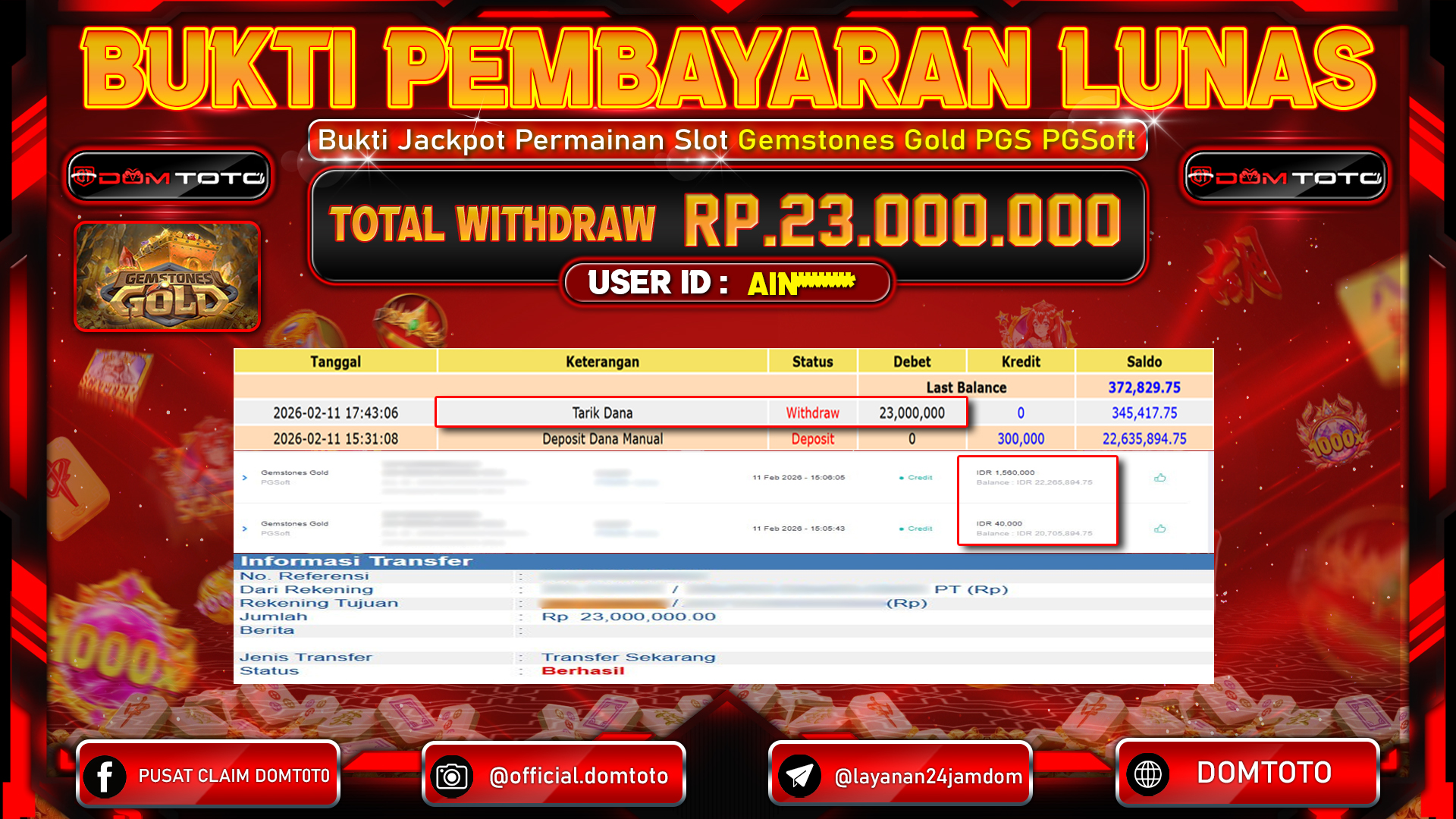 JACKPOT SLOT Menang Slot Gemstones Gold PGSoft 11 FEBRUARI 2026